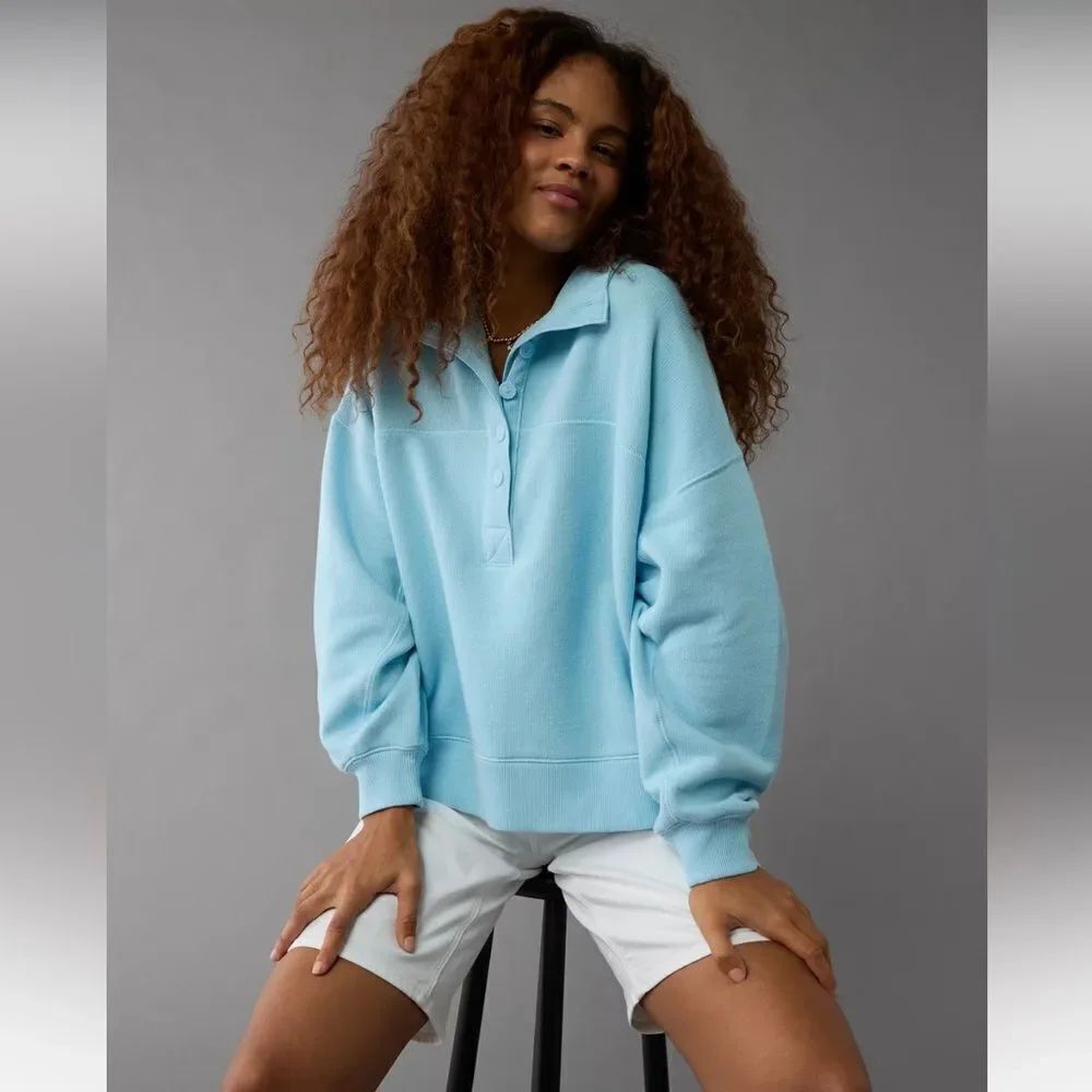 AE XXS Blue Big Hug Henley Quarter Button Front Knit Sweatshirt Pullover